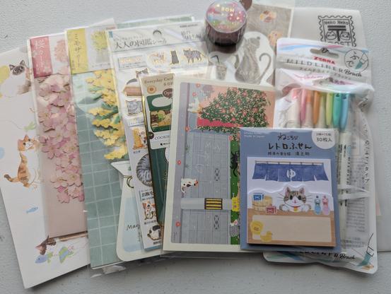 Japanese stationary with Springtime and cats.l theming. Postcards, washi tape, note cards, etc