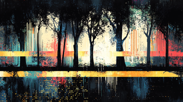 Échos de la Canopée
Forêt silencieuse stylisée en motifs abstraits et bandes colorées, entre nature et abstraction onirique.
Silent forest stylized with abstract patterns and colorful bands, blending nature and dreamlike abstraction.