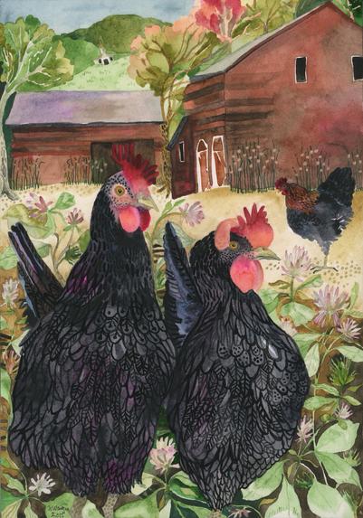 “I placed the hens in a barn yard which is fairly accurate but I added a very small image of a church that's not anywhere near where I spotted the hens.  You can see it in the background on one of the hills.  This particular church is Dutch Reform and very old & colonial in design”

Natalie Wargin about her painting “THREE BLACK HENS IN CLOVER”