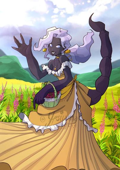 Drawing of a humanoid lady with scorpion features having a walk in a meadow full of flowers while holding a basket full of petals.