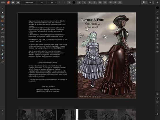The image features the cover  of the "Esther & Érié, Chapitre 2" by Goulwen R in Affinity Publisher. On the right it shows the two elegantly dressed women, on the left the back cover with the summary and the warning