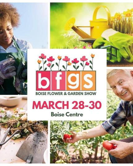 Event flyer with four color pictures—clockwise, smiling young black woman in dark green nursery apron, yellow metal watering can next to lime green glove with daffodils in background, smiling gray haired white man looking at camera while picking two tomatoes, close up of dirty gardening tools and plant debris in background—surrounding white box with black info text