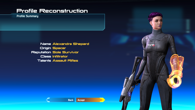 Last stage of the ME1 character creation screen with "Alexandra Shepard" standing to the right, short purple hair, pale skin, purple lipstick.