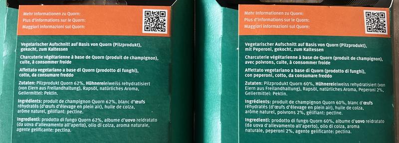 Liste des ingrédients des deux paquets. La seule différence est que le nature a 62% de quorn, alors que l’autre a 60% de quorn et 2% de poivrons. Une différence anecdotique.