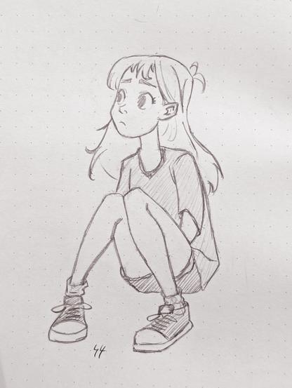 sketch of girl sitting and looking worried