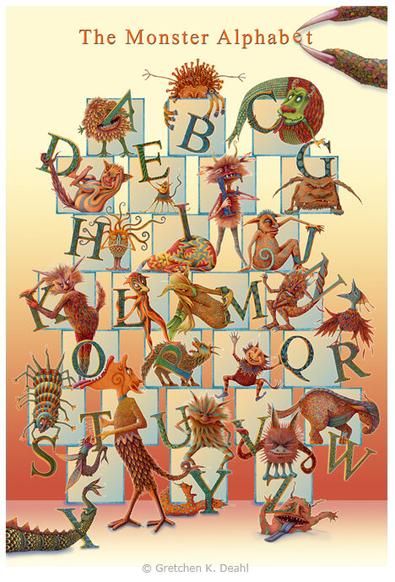 Set against a golden graduated background, a series of stacked blocks, with a strange assortment of monsters standing or sitting on them. Some are sleeping, some are glaring, most are smiling (in a monster kind of way). Each is holding his/her favorite letter of the alphabet.