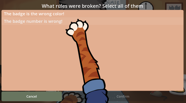 A screenshot of "Badge Please". One can see a paw pointing at rules that visitors might have broken.