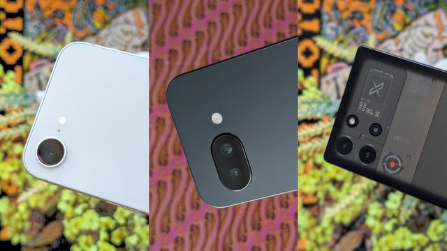 Composite picture showing the camera pod on the Apple iPhone 16e, Google Pixel 9a, and RedMagic 10 Pro smartphones side-by-side.