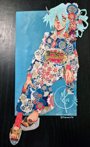 A papercraft of my OC Mythril. Her skin is done with marker, while everything else is differently patterned fabrics. She's in a sitting pose and wearing a kimono with her hair pinned up with a very decorative, floral kanzashi.