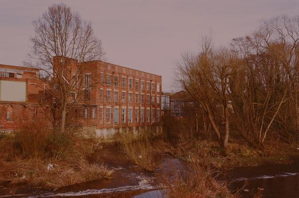 This image showcases an old red-brick industrial building with large, grid-like windows, some reflecting light. The faded sign on the facade reads "BEDFORDS," hinting at a former factory or warehouse. A leafless tree with intricate branches stands tall in the foreground, partially obscuring the structure. To the right, tangled trees and shrubs grow along the banks of a shallow, gently flowing river. The scene is bathed in warm, reddish tones, possibly due to film processing or a color overlay. The abandoned yet picturesque setting captures a mix of urban decay and natural reclamation, evoking nostalgia and quiet contemplation.