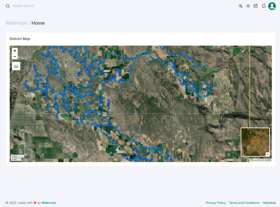 The district map on Leaflet in my application. Each dot in this particular visual is a water Turnout/Gate, and clicking it opens a popup that load details (via htmx) about upcoming usage, ownership, etc