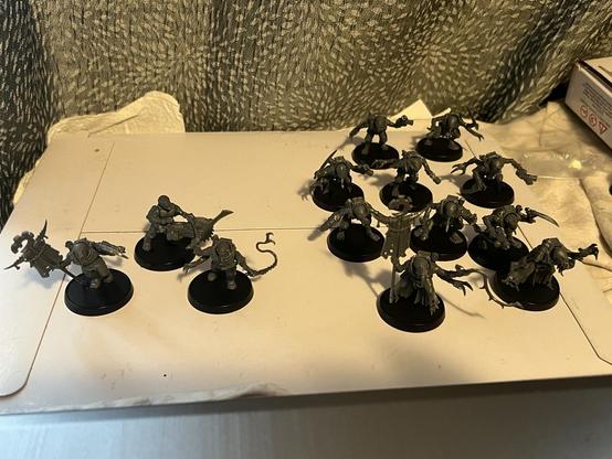 Warhammer 40K Miniatures, unpainted. 

10 Hybrid Metamorphs with hand flamers. 

3 Acolyte Hybrids: leader, cult icon, and heavy mining tool.