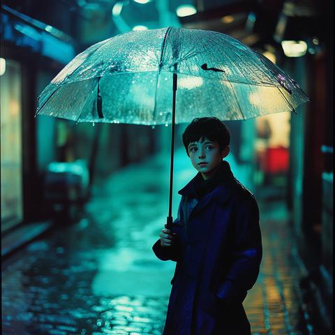 A young boy in a dark trench coat holds a clear umbrella on a rainy, neon-lit city street at night. The wet pavement reflects turquoise and blue hues, and the boy looks pensively to the side.