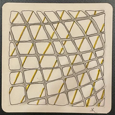 A simple zentangle of yellow lines intersecting with a gray lines forming a net pattern.