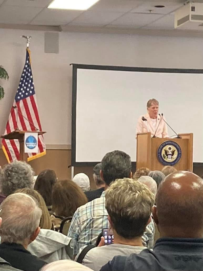 Congressperson Julia Brownley at podium answering questions