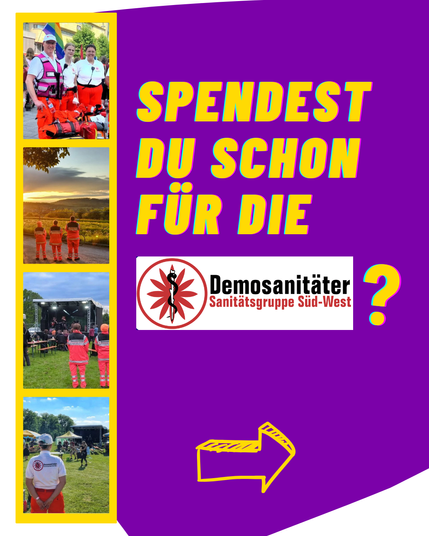 Lila-gelber Beitrag mit dem Titel: "Spendest du schon für die Demosanitäter?" Daneben sind vier Fotos von Personen in Einsatzkleidung bei einem Open-Air Festival und vor einer Regenbogen-Fahne zu sehen.