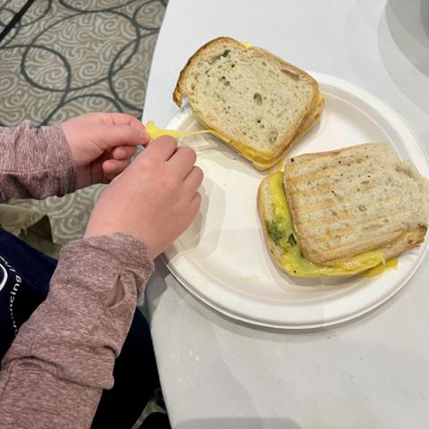 Child’s hands making two cheese and pesto sandwiches
