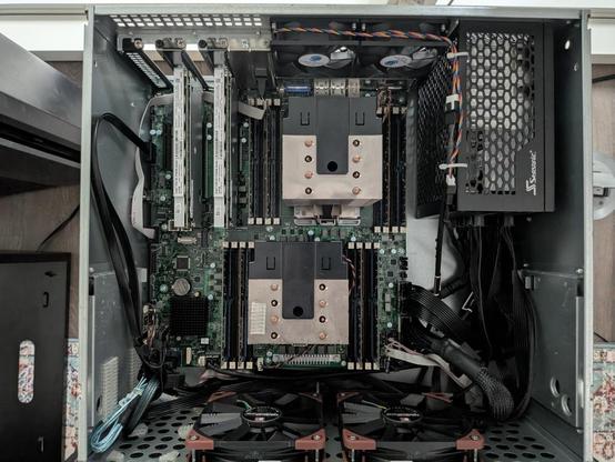 Top-Down view inside of Eva's Talos II system, featuring dual IBM POWER9 SMT4 Sforza SKU, with a total 144 hardware threads (4 threads per core).