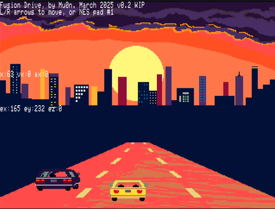 FusionDrive, an outrun-like game, with a red-orange sunset and a skyline in the distance.