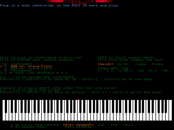 FireJam, a piano program with MIDI in controlling notes that can output to MIDI, SID, OPL3 and PSG