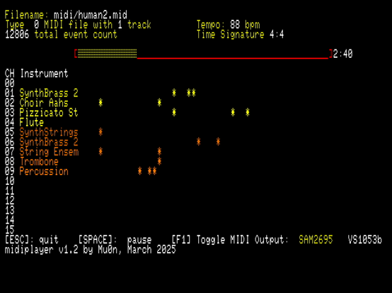 a standard MIDI file player with a list of instruments playing on each of the 16 channels, with instrument names