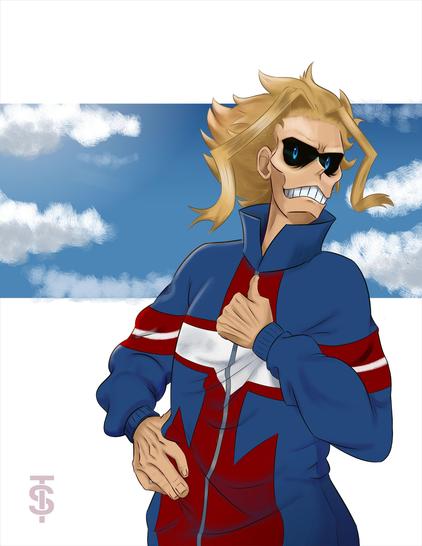 Toshinori Yagi All Might fanart in his jacket. He strikes a confident pose against a minimalist sunny blue sky background with clouds. This character is from the anime and manga My Hero Academia.