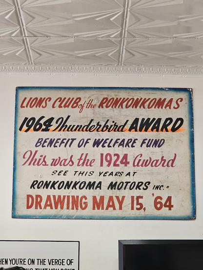 Rinkonromas 1964 'thunderbird' award hand painted sign