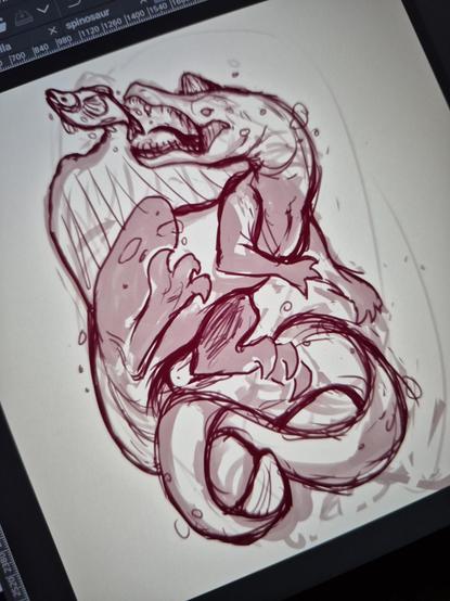An action scene illustration of a spinosaurus chasing a fish through the water, jaws about to chomp it. It's just a messy sketch at the moment.
