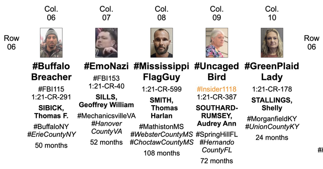 Portion of poster of 132 pardoned January 6th rioters who had been convicted of assaulting police at the United States Capitol (Row Six, Columns Six through Ten).