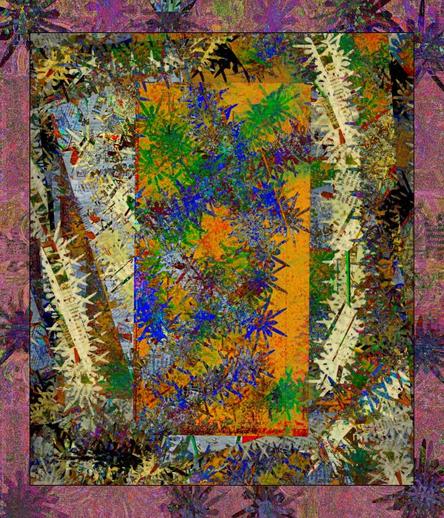 Heavily deconstructed text from pieces of magazine pages and junk mail have been modified to create a vibrant tropical abstract.