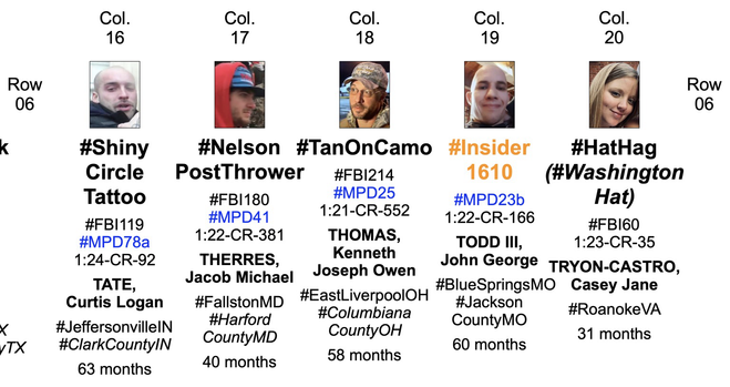 Portion of poster of 132 pardoned January 6th rioters who had been convicted of assaulting police at the United States Capitol (Row Six, Columns Sixteen through Twenty).