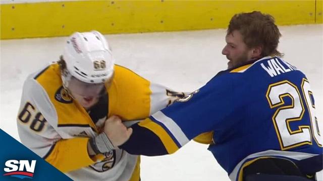 Predators' Zachary L'Heureux Starts Bleeding After Fighting Blues' Nathan Walker