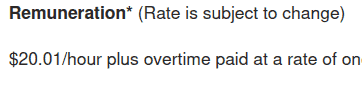A small snippet from an online job posting, showing remuneration at the rate of "$20.01 per hour plus overtime paid at a rate of...".