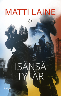 Isänsä tytär -kirjan kannessa on kaksi ihmishahmoa seisomassa selät vastakkain. Vasemmalla on naiselta vaikuttava hahmo moottoripyöräkypärä päässä, oikealla parrakas mies. Taustalla on korkeita kerrostaloja ja hahmojen läpi näkyy pari ihmishahmoa.