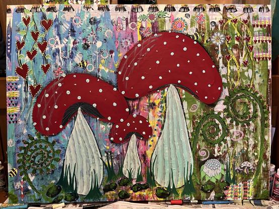 Painting of amanita like mushrooms with very colourful, psychedelic background.