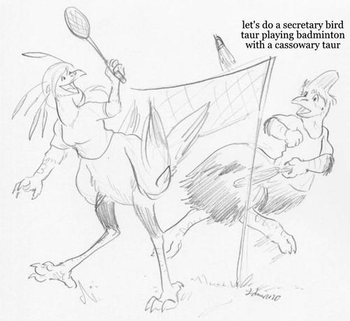 The initial sketch prompt of the characters. Aurelia and Rani are playing badminton, where Rani is hitting the shuttlecock back to Aurelia. The prompt text is at the side reading "let's do a secretary bird taur playing badminton with a cassowary taur".