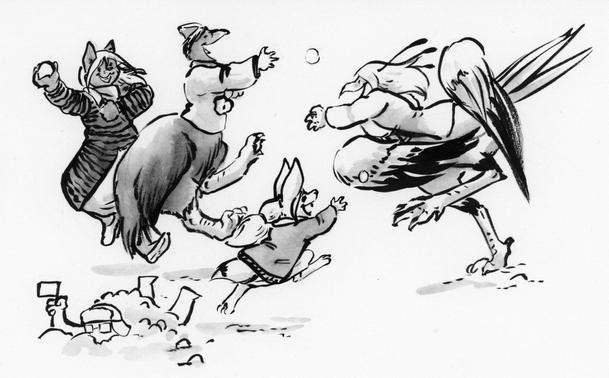 Aurelia and Rani having a snowball fight with Celia (TF'd into an anthropomorphic fennec fox), Vivian (a cat faced lady), and Cerv's insert character who is already waving his white flag from being buried in snow.