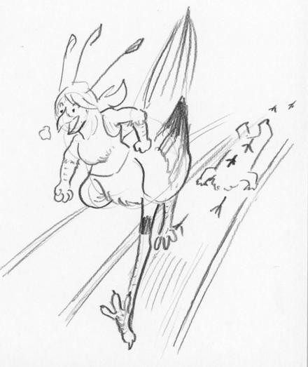This is a solo piece of Aurelia running fast down a track, plowing over Cerv in her attempt to make record pace.