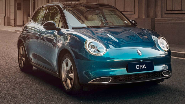 Promotional photo of a blue/green GWM Ora electric car