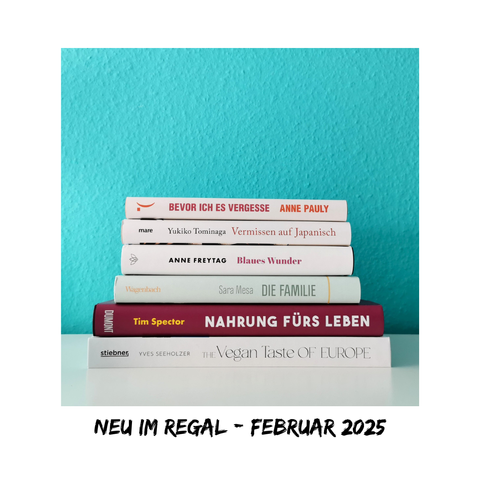 Auf dem Bild ist ein Stapel mit sechs Büchern auf einer glatten weißen Fläche vor einer türkisen Wand fotografiert. Die sechs Bücher werden in der Caption noch einmal aufgelistet.
