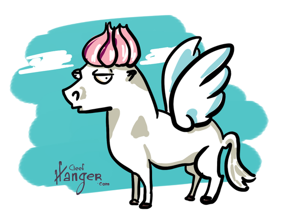 Poorly drawn horse with wings and a garlic in its head with a weird face expresion. It is a winged horse more because i say so than what it looks.