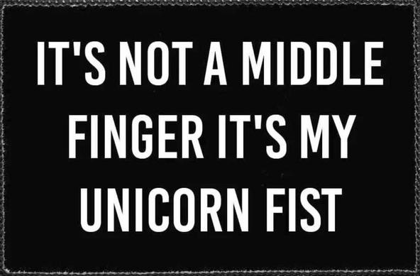 Black sign with white text:
It's not a middle
finger it's my
unicorn fist