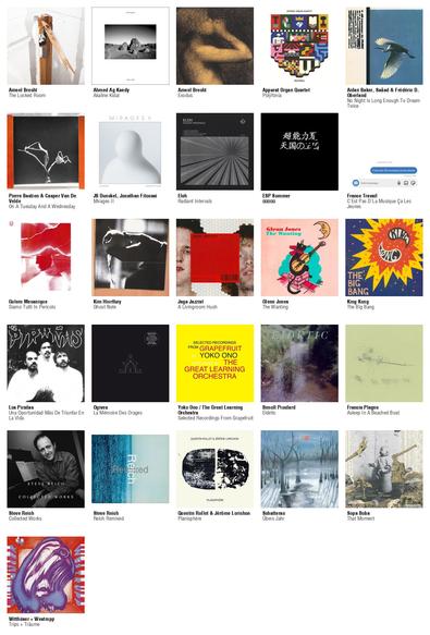 Collage des pochettes des albums de Ameel Brecht (The Locked Room), Ahmed Ag Kaedy (Akaline Kidal), Ameel Brecht (Exodus), Apparat Organ Quartet (Pólýfónía), Aidan Baker, Saåad & Frédéric D. Oberland (No Night Is Long Enough To Dream Twice), Pierre Bastien & Casper Van De Velde (On A Tuesday And A Wednesday), JB Dunckel, Jonathan Fitoussi (Mirages II), Eleh (Radiant Intervals), ESP Summer (天国の王国), France Travail (C'Est Pas D'La Musique Ça Les Jeunes), Golem Mecanique (Siamo Tutti In Pericolo), Kim Hiorthøy (Ghost Note), Jaga Jazzist (A Livingroom Hush), Glenn Jones (The Wanting), King Kong (The Big Bang), Los Pirañas (Una Oportunidad Más De Triunfar En La Vida), Ogives (La Mémoire Des Orages), Yoko Ono / The Great Learning Orchestra (Selected Recordings From Grapefruit), Benoît Pioulard (Eidetic), Francis Plagne (Asleep In A Beached Boat), Steve Reich (Collected Works), Steve Reich (Reich Remixed), Quentin Rollet & Jérôme Lorichon (Planisphère), Schatterau (Übers Jahr), Sopa Boba (That Moment), Witthüser + Westrupp (Trips + Träume)