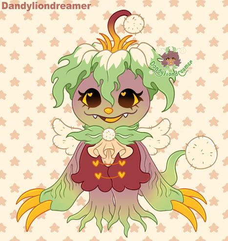 My Fursona Dandy the Dandelion lion redesigned to look like a palmon from digimon

they are a plant monster, with a green flower on top of its head, it has yellow stamen and a yellow to red gradient pistil with a dandelion at the end of it

his skin is brown with green ends, his eyes claws nose and tongue are all gold in color

she wears a dandelion as a bowtie and has a red vest on with a yellow ruffled undershirt, the buttons are colored gold and heart shaped

they have dandelion wings and a dandelion at the end of his tail