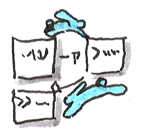 A blue rabbit jumping from one code window to the next, and to the next.