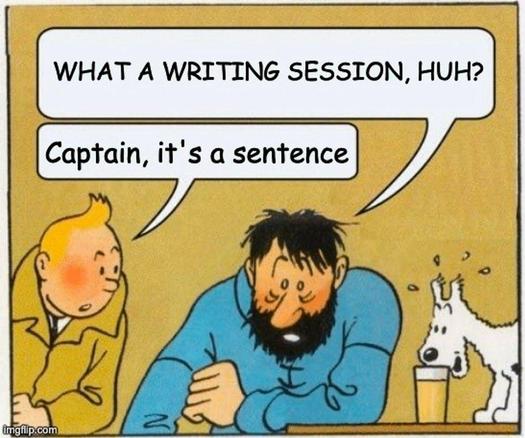@kaiarzheimer The image is a cartoon featuring three characters. On the left, a character with blonde hair and a yellow coat is looking at a bearded man in a blue shirt who is leaning on a table, appearing tired or frustrated. The bearded man is speaking, saying, "WHAT A WRITING SESSION, HUH?" On the right, a small white dog with a black spot on its back is drinking from a glass of beer. The dog has a surprised expression, with droplets around its mouth. The character in the yellow coat responds, "Captain, it's a sentence." The background is a plain, light brown color, and the characters are drawn in a simple, cartoonish style. The image is labeled "imgflip.com" in the bottom left corner.

Provided by @altbot, generated privately and locally using Ovis2-8B