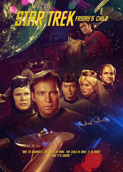 The poster for the Star Trek episode Friday’s Child combines characters and scenes in the style of classic movie posters. At the center stands Captain Kirk with a determined look, accompanied by Dr. McCoy, Eleen with her elegant hairstyle, and a Capellan warrior. To the right, another character from the episode is visible.  In the background, the bridge of the Enterprise appears with Scotty in his red uniform, while above, the green planet Capella IV glows, surrounded by pink light effects. A Klingon starship hovers in the top right, while the USS Enterprise soars through space below. The scene is accompanied by a key quote from the episode: “Say to yourself, the child is mine. The child is mine. It is mine!” - “Yes. It’s yours.”  The poster blends warm gold, red, and brown tones with vibrant blue and magenta effects. This combination gives the image an epic, nostalgic atmosphere reminiscent of classic Star Trek movie posters.