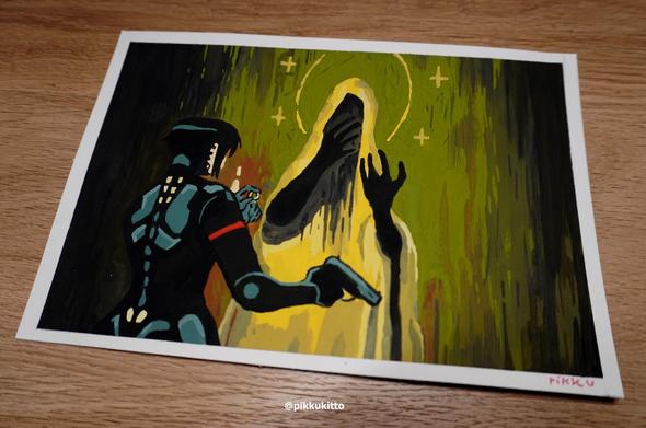 Gouache Painting of the Empress, one of the puzzles of the game Signalis. Elster, the main character is holding a gun in her right hand and a ring, in her left, a key item to solve the puzzle.
The room is dark and the wall has this mysterious yellow hooded character that is hiding their face with one hand