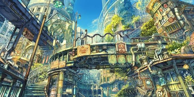 Illustration dans le style "SolarPunk", par Rokushichi Shitsu
https://danbooru.donmai.us/posts/1913673 

On voit une ville solarpunk : les batiments et le paysage urbain en général s'intègre parfaitement avec une végétation plus présente, en parfaite harmonie.
La ville semble moins étouffante, moins minérale : bien loin de l'ambiance cyberpunk à la "Blade Runner" par exemple.