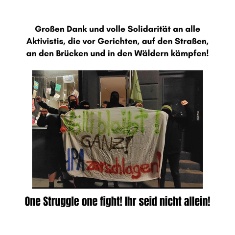 Text: Großen Dank und volle Solidarität an alle Aktivistis, die vor Gerichten, auf den Straßen, an den Brücken und in den Wäldern kämpfen! One struggle one fight! Ihr seid nicht allein! 
Mittig ist ein Solifoto zu sehen. Menschen halten ein Banner hoch auf dem steht: Völli bleibt ganz! HPA zerschlagen!